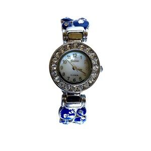 Geneva Platinum Women Cuff Watch Blue Silver Tone Rhinestones 7116 Needs Battery